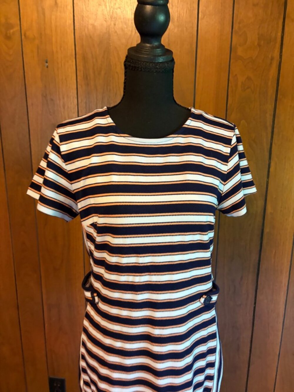 Navy and gold striped shift dress